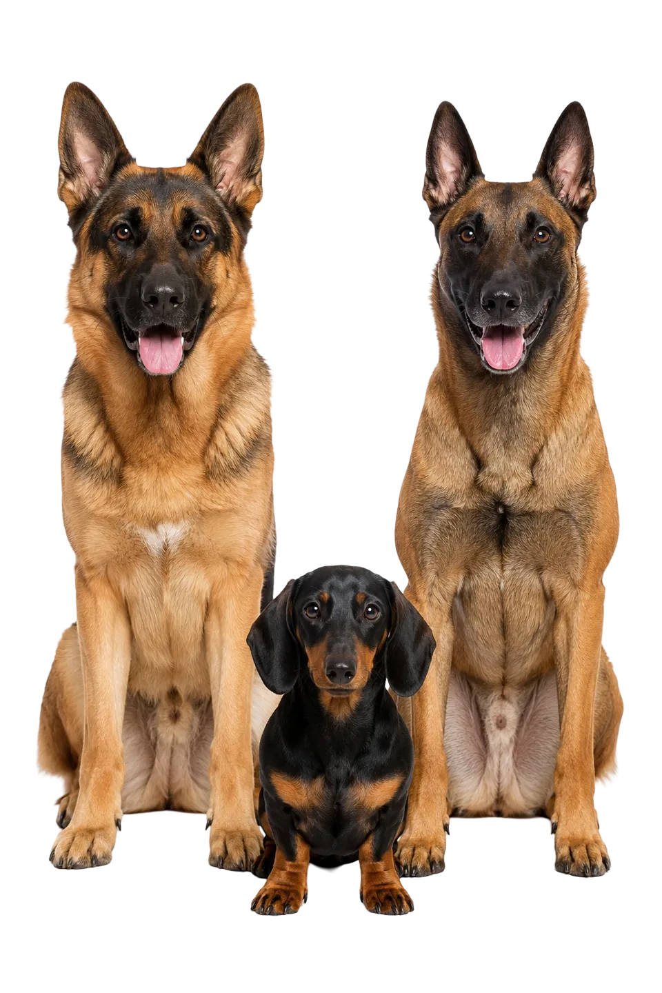 Tres perros de distintas razas y tamaños sentados juntos