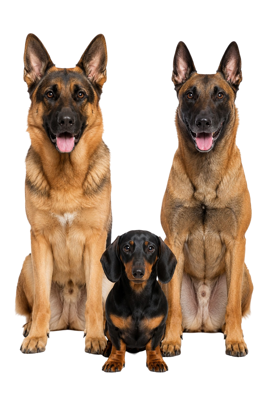 Tres perros de distintas razas y tamaños sentados